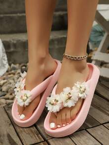 1 Pair Women's Elegant Casual Floral Decor Flip Flops, Soft Sole Breathable Beach, Holiday, Party Slippers, Summer - Pink - View 5