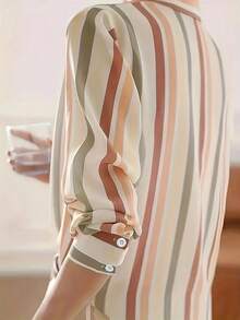Women's Vertical Striped Button-Up Shirt, Long Sleeve Casual Collared Blouse - Caramel Color - View 4