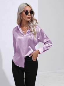 Solid Color Shirt Women's Satin Imitation Silk Long Sleeve Shirt Spring, Summer, Autumn And Winter New Style - 淺紫色 - 查看 3
