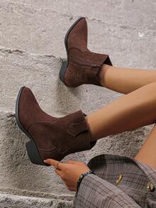 Vintage Western Style Side Zipper Chunky Heel Ankle Boots - Brown - View 4