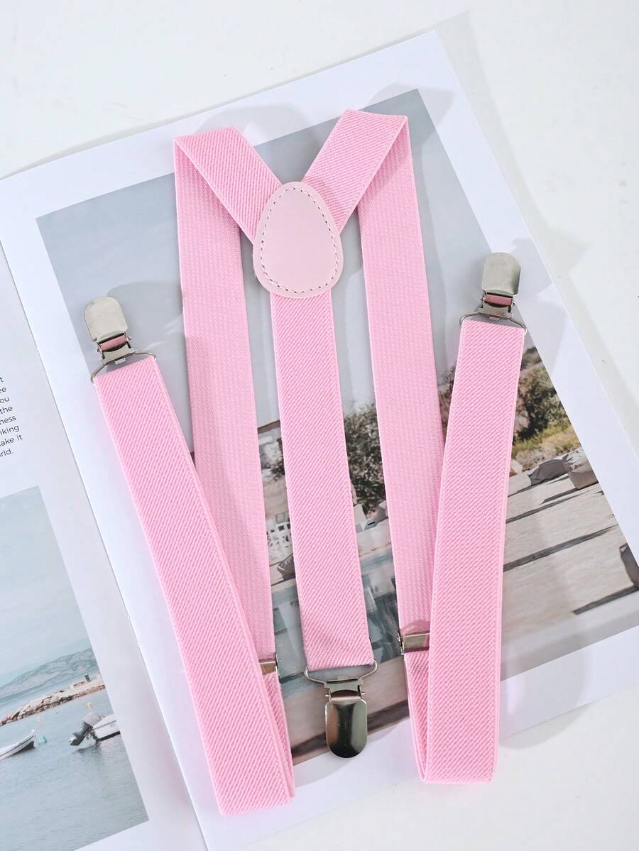 1pc Elastic Four-Corner Suspenders Solid Color Unisex Trouser Straps - Pink - View 1