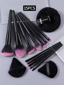 15pcs Popular Makeup Brush Set, Includes 12 Soft Fiber Multi-Function Face Brushes + 3 Dry/Wet Dual-Use Fan/Round Powder Puffs - Black - View 9