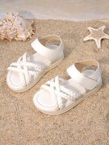 1 Pair Kids' Textured Braided Strap Sandals | Lightweight Anti-Slip Flat Open-Toe Daily Beach Shoes For Girls Summer - White - View 2