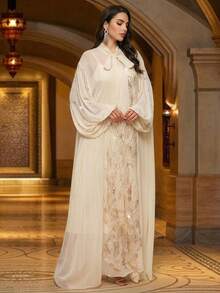 女士缎带领、系带领、柔软长袖连衣裙，带吊带，两件套，精致贴花装饰，串珠袖口，仿珍珠装饰，优雅长袖连衣裙，适合多种场合，春季 - 杏色 - 查看 1