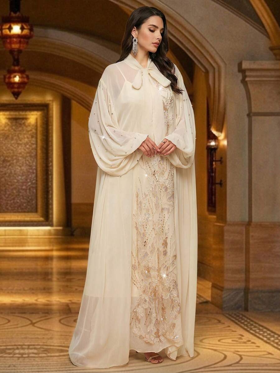 女士缎带领、系带领、柔软长袖连衣裙,带吊带,两件套,精致贴花装饰,串珠袖口,仿珍珠装饰,优雅长袖连衣裙,适合多种场合,春季 - 杏色 - 查看 1