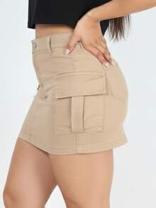 Black Cargo Skirt In Denim With Elastane And Pockets - Beige - View 2