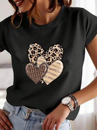 Plus Size Women's Daily Layered Hearts Leopard Print Stripes Graphic Round Neck Short Sleeve Minimalist Spring/Summer/Fall Plus-Size T-Shirt Valentine's Day/Back-To-School Graphic Tee Tops For Women