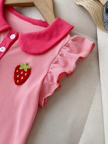 Girls Casual Fashion Cute Doll Collar Cap Sleeve Strawberry Print Dress, Summer - Pink - View 6