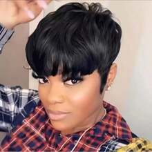 Pixie Wigs For Black Wig Natural Black Short Wigs For Black Glueless Short Black Layered Pixie Cut Wig With Bangs - màu đen - Xem 2