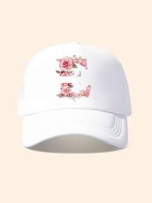 1pc White & Pink Rose Embellished Letter Design Trucker Hat, Customizable 26 Letter Text, Name, Birthday, Fashion Breathable Hollow Sunshade Baseball Cap, Suitable Gift For Friends & Kids, Spring/Summer - White - View 28