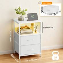 Tomnk Charging Station Nightstand With LED Light - Includes USB Ports, Outlets & Fabric Storage Drawers With PU Finish In White/Black, Ideal For Bedroom Or Living Room - 美規B型插(110-127V) - 查看 16