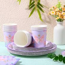 Lila Schmetterling Krone Einweg-Geschirr Set, inklusive 18/23 cm Pappteller, Pappbecher, Papierservietten, geeignet für Geburtstagsfeiern, Festivals, Zusammenkünfte, Picknicks, Feierlichkeiten, Hochzeitstees, Abschlussfeiern - Verschiedenfarbig - Übersicht 3