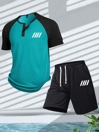 Set casual da uomo composto da 2 pezzi, nuovo arrivo per l'estate: polo a maniche corte con stampa a motivi e pantaloncini con vita elastica e laccio, adatto per sport, viaggi, vacanze e fitness