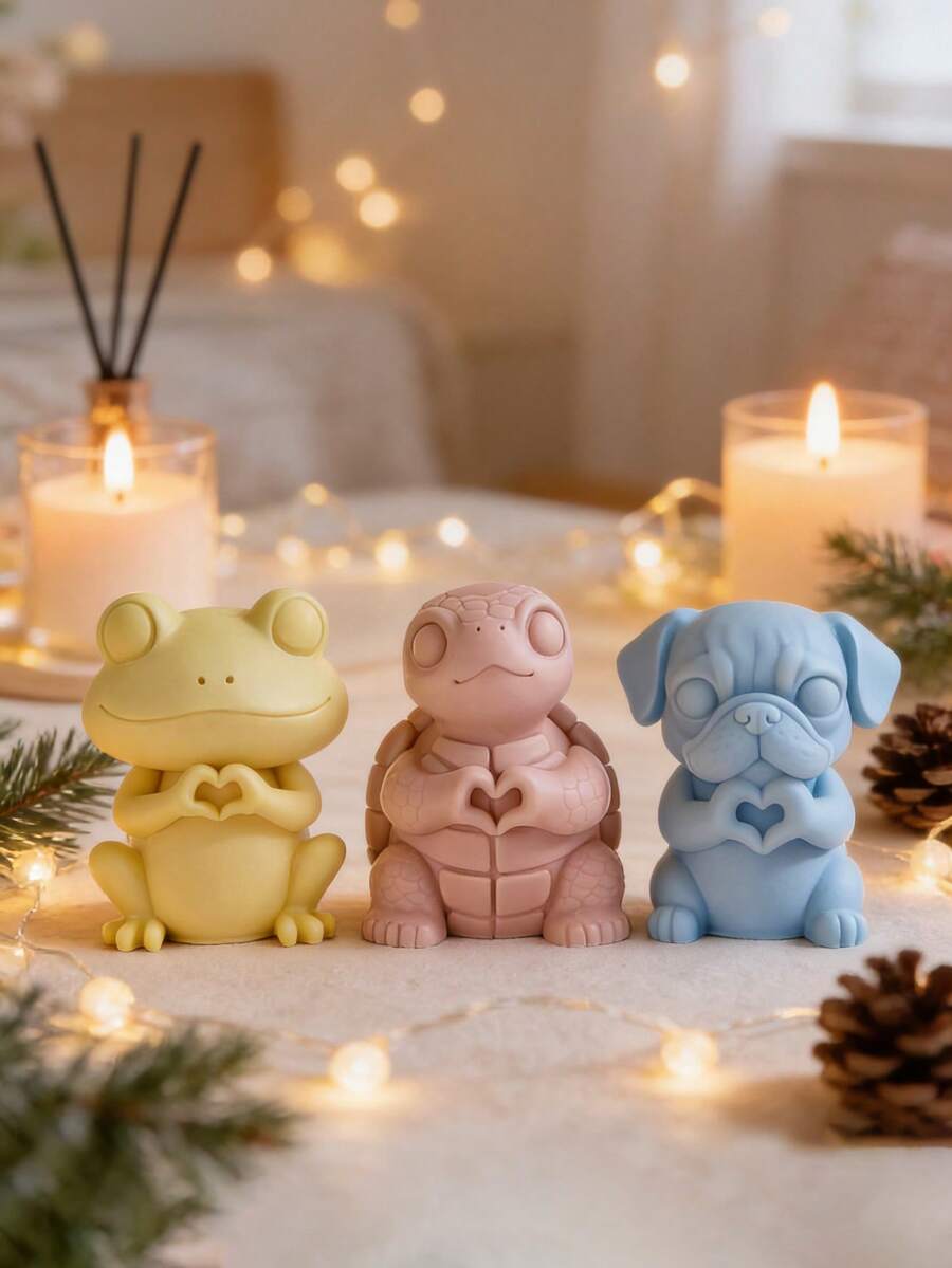 1个可爱斗牛犬和青蛙蜡烛硅胶模具 - 可重复使用/易于脱模，适用于蜡烛/树脂制品，生日/情人节/儿童节礼物