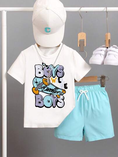 2pcs Boys Letter Print Short Sleeve T-Shirt And Shorts Set, Suitable For Vacation, Travel, Relaxation, Sunbathing, Summer