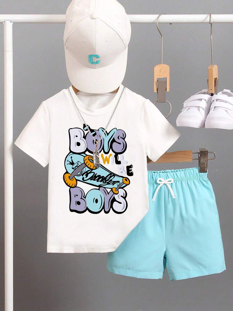 Bộ 2 món áo thun ngắn tay in chữ và quần short cho bé trai, thích hợp cho kỳ nghỉ, du lịch, thư giãn, tắm nắng, mùa hè. - Màu xanh lam - Xem 1