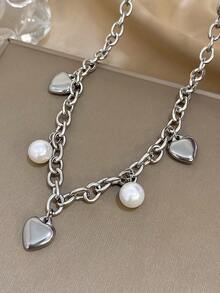 1件金色粗链项链，饰有心形和珍珠吊坠 - 醒目的心形+珍珠设计，时尚浪漫的日常休闲饰品，情人节礼物，男女皆宜 - 彩色 - 查看 10