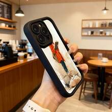 Funda para teléfono con borde negro diseño de persona con chaqueta roja y mochila caminando sobre piedras estilo vintage ideal para uso diario en cafeterías y espacios urbanos,Aplicable a los teléfonos de la serie Apple y Galaxy - Negro - Ver 6
