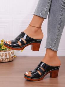女士漆皮镂空厚底穆勒鞋，复古木屐风格凉鞋，夏季必备 - 黑色 - 查看 3
