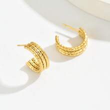 1对多层纹理金属C形耳环，适合女性日常休闲佩戴 - 金色 - 查看 4