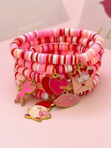 5件套情人节可爱手链套装！包含丘比特吊坠和情书吊坠，粉白红条纹叠层串珠手链，送给女友/闺蜜/姐妹的礼物，情人节限量版