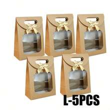 5pcs Bow Knot Transparent Window Handbag, Extra Large/Small/Medium/Large Brown Gift Tote Bags - Khaki - View 6