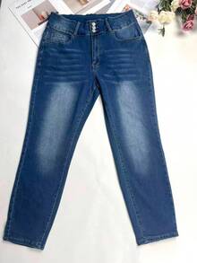 Dam Plus Size Tvättade Skinny Jeans För Höst Vinter Mode Bekväma Casual Magkontroll Stretch Denimbyxor - Marinblå - Visa 6