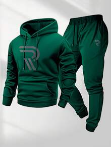 Men's Two-Piece Set, Casual Round-Neck Long-Sleeved Hooded Sweatshirt And Sweatpants Set, Suitable For Winter And Autumn, Sportswear Set, Sweater Hooded Shirt, Sweatshirt, Sweatpants, Hooded Shirt, Jogging Pants - Màu xanh lá cây đậm - Xem 1