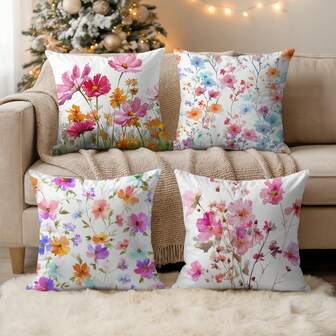 4pcs Floral Print Plush Pillow Covers, 18" X 18", Colorful Botanical Flower Decorative Cushion Covers For Living Room, Bedroom, Sofa, Bed, Outdoor, Pillow Inserts Not Included