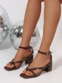 2026 New Women's Thick Heel Non-Slip Elegant Sandals, Spring/Summer, Open Toe, Leather Material, Multi-Strap Design, Square Toe, Low Heel, Fashionable Sexy Elegant, Suitable For Office, Daily Wear And Party/Gala - Brown - View 8