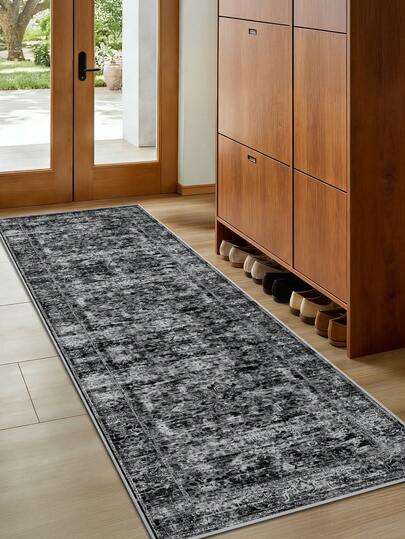 1PC Black Rugs,Bohemian Style,Faux Cashmere Jelly Base Runner Rug,1000gsm, Non-Slip Backing, Area Rug, Mat For Living Room, Carpet For Bedroom, Machine Washable Low-Pile, Kitchen Hallway Dining Office, All-Season