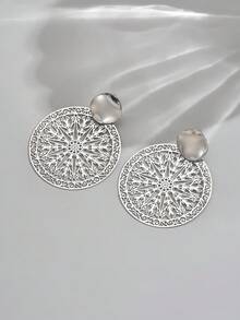 1对复古几何镂空金属耳环，适合女性日常佩戴 - 銀色 - 查看 5