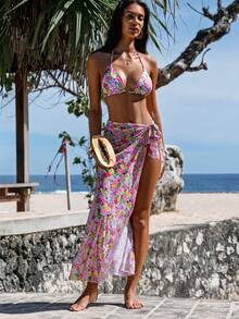 wohenmeili 女士夏季沙滩印花露背系带性感比基尼套装，含罩衫和裙子 - 白底粉花 - 查看 6