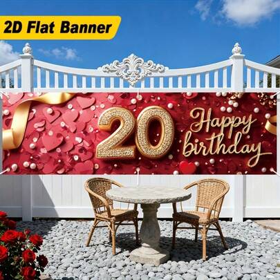 1pc Birthday Background Cloth, Background Design With "Happy 20th Birthday" Text And Love, High-Definition Printing On Polyester Fabric, Suitable For Birthday Theme Parties, Courtyards, Home Decoration And Photography Background Decoration
