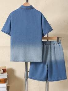 Boys' Ombre Gradient Color Shirt Collar Short Sleeve Shirt And Shorts Set, Casual Fashion For Spring/Summer - 藍色 - 查看 2