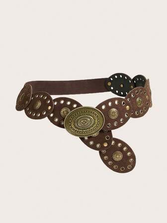 1pc Bohemian Style Vintage Coffee Color Women's Belt, Western Punk Rivet Decor Elastic Waist Belt, Suitable For Pants, Dresses, Casual Wear, Party, Outing, Shopping, Dating, Campus, Holiday, Festival, Music Festival