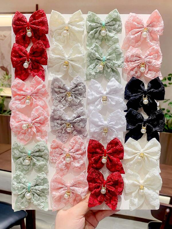 8pcs Vintage Solid Color 3D Jacquard Fabric Bow, Pearl Pendant, Flower, Swallow Tail Decorative Hair Clips, Cute Girl's School Style Hair Accessories, Suitable For Daily Wear And Party