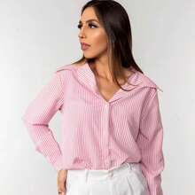 Women's Striped And Plain Premium Crepe Dress Shirt | Elegant And Comfortable Blouse - 淺粉色 - 查看 2