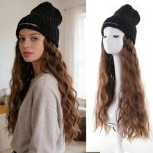 黑色合成假发帽，带长卷发接发；针织帽；秋冬季保暖滑雪帽 - 彩色 - 查看 13
