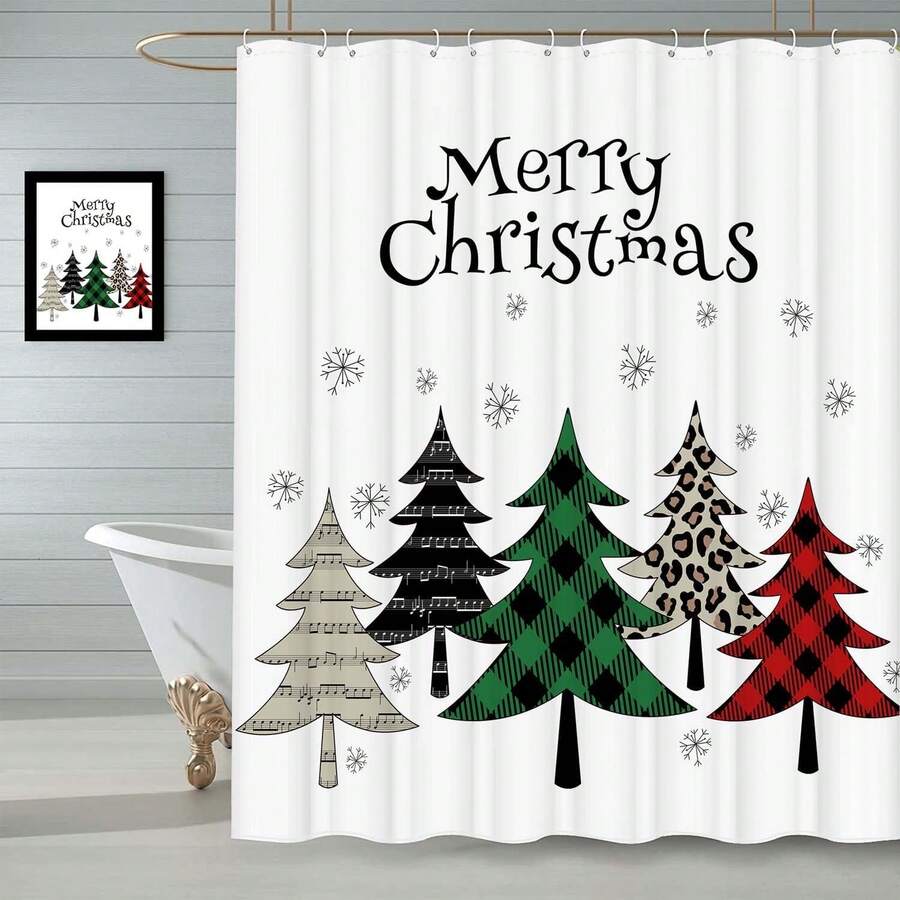 Cortina De Ducha De árbol De Navidad, Decoración De Baño De Invierno, Cortina De Ducha De Tejido De Poliéster Impermeable con 12 Ganchos, 71 x 71 Pulgadas - Árbol de Navidad - Ver 1