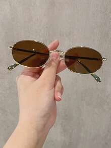 Visivana 1 Pair Women's Oval Metal Small Frame Vintage Solid Color Fashionable Eyeglasses, Suitable For Street Style And Runway - Gold - View 3