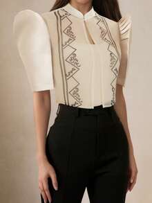 Modern Filipiniana 1 Women's Summer Spliced Bubble Sleeve Short Top - Apricot - View 3