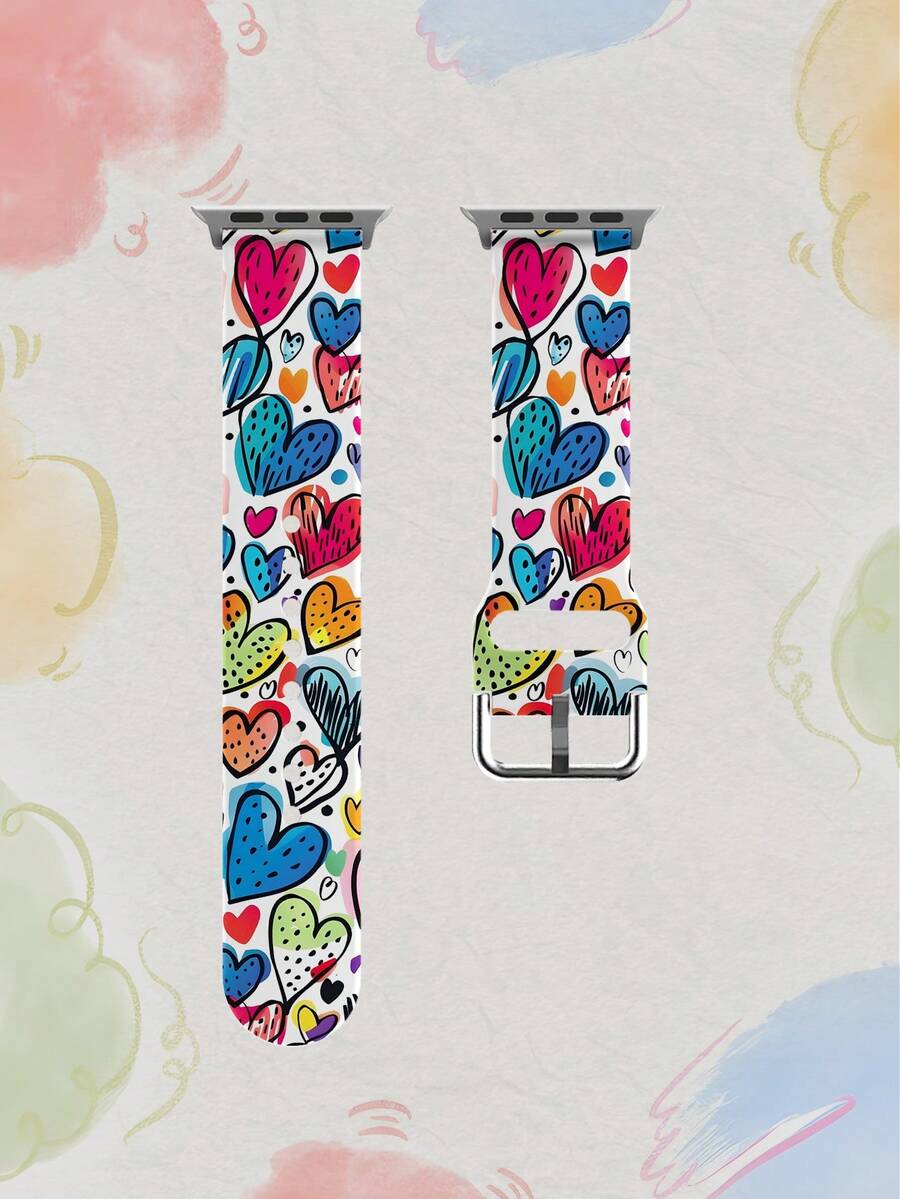 1pc Colorful Graffiti Heart Soft Elastic Breathable Comfortable Replacement Wristband Strap For Apple Watch 38mm 40mm 41mm 45mm 44mm 42mm 49mm, Fashionable Casual Multi-Color Silicone Watch Band Compatible With Apple Watch Ultra Series S11/S10/SE/9/8/7/6/5/4/3/2/1 Smartwatch Accessories - Multicolor - View 1