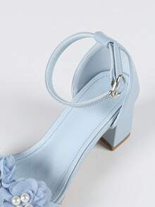 女士3D立体花朵珍珠装饰中跟粗跟设计纯色方头踝带凉鞋优雅甜美风格，适合工作、约会、婚礼等夏季穿着，浅蓝色中跟凉鞋 - 淺藍色 - 查看 8