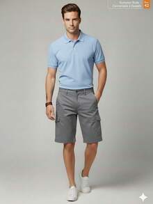 Sporty Slim Cargo Shorts, Summer, Loose Fit, Pocket, Drawstring, Button, Halloween, Christmas - 灰色 - 查看 2
