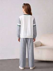 Girls Green Letter Print Long Sleeve Casual Sweatshirt & Pants Set, Girls Long Sleeve Sweatshirt + Straight Leg Pants - Light Grey - View 2