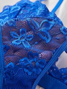 Marineblauer Spitzen Sexy Dessous Set, 75B dünne Dreieck Tasse rückenfrei BH + Slip mit niedriger Taille - Königsblau - Übersicht 5