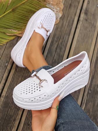 Women's White Non-Slip Horseshoe Buckle Platform Casual Loafers