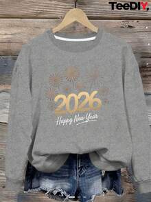 Women's Plus Size 2026 New Year Party Sweatshirt - Oversized Casual Pullover, Gold Glitter Number Design, Round Neck With Pockets, Warm Winter Sweater, Suitable For New Year Celebrations, Comfortable Party Outfit (With Gold Letters) - Geometric Pattern Winter Clothes For Women - 灰色 - 查看 1