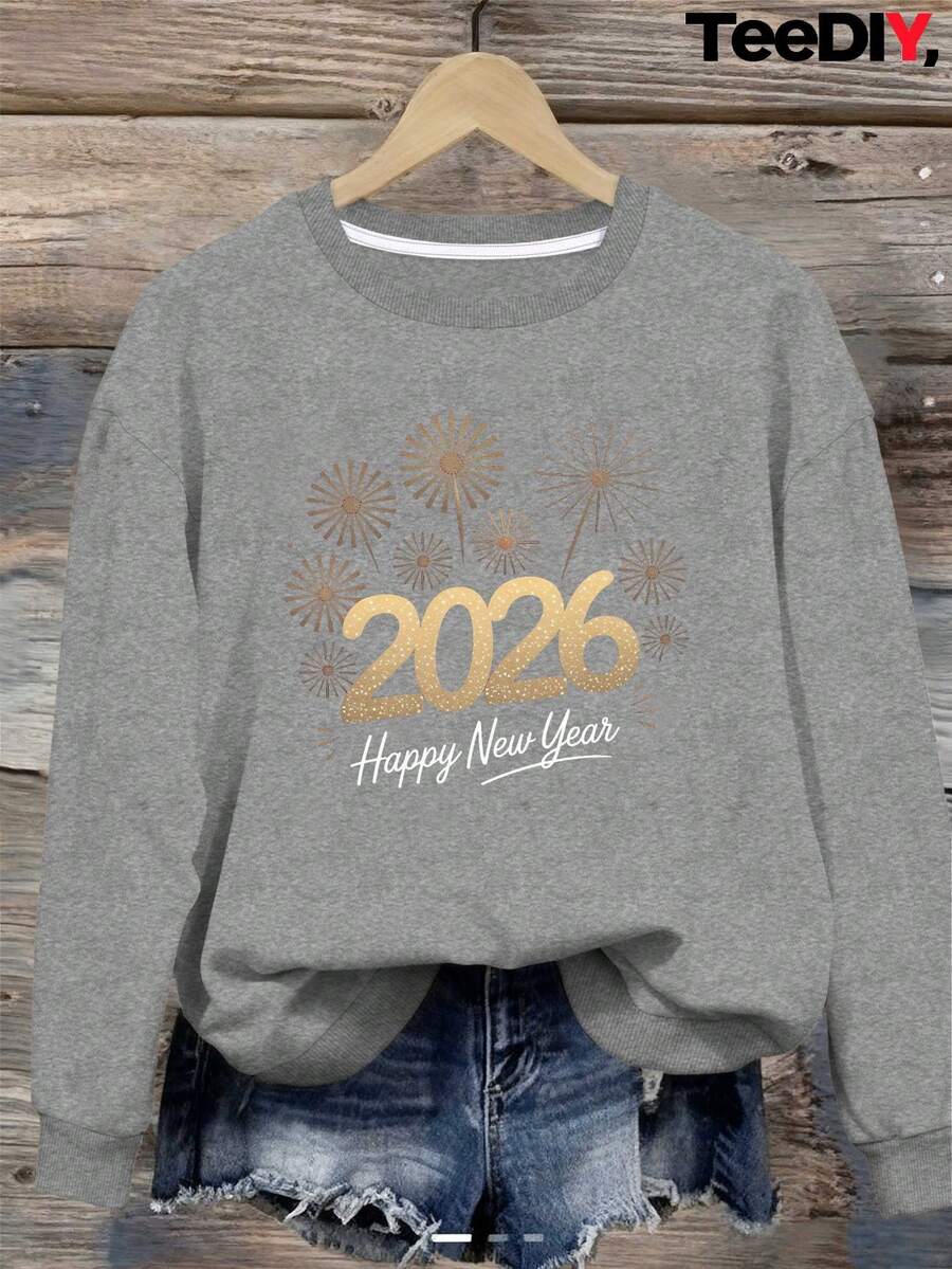 Women's Plus Size 2026 New Year Party Sweatshirt - Oversized Casual Pullover, Gold Glitter Number Design, Round Neck With Pockets, Warm Winter Sweater, Suitable For New Year Celebrations, Comfortable Party Outfit (With Gold Letters) - Geometric Pattern Winter Clothes For Women - 灰色 - 查看 1